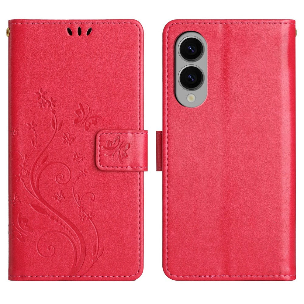 For Samsung Galaxy S25 Edge Leather Wallet Case Butterfly Flower Imprinted Phone Cover with Strap