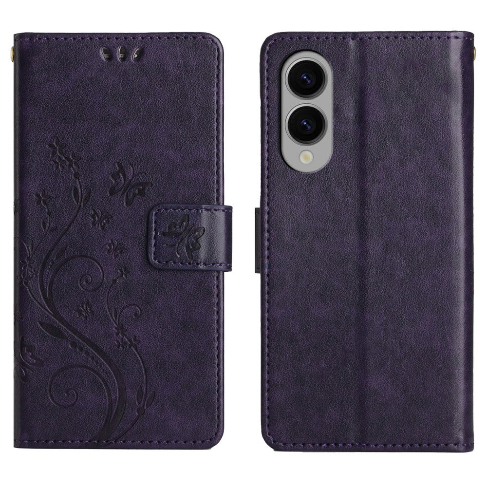 For Samsung Galaxy S25 Edge Leather Wallet Case Butterfly Flower Imprinted Phone Cover with Strap
