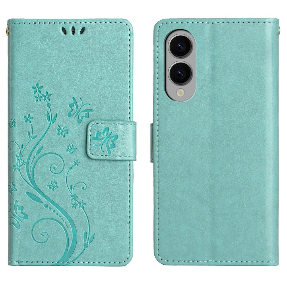 For Samsung Galaxy S25 Edge Leather Wallet Case Butterfly Flower Imprinted Phone Cover with Strap