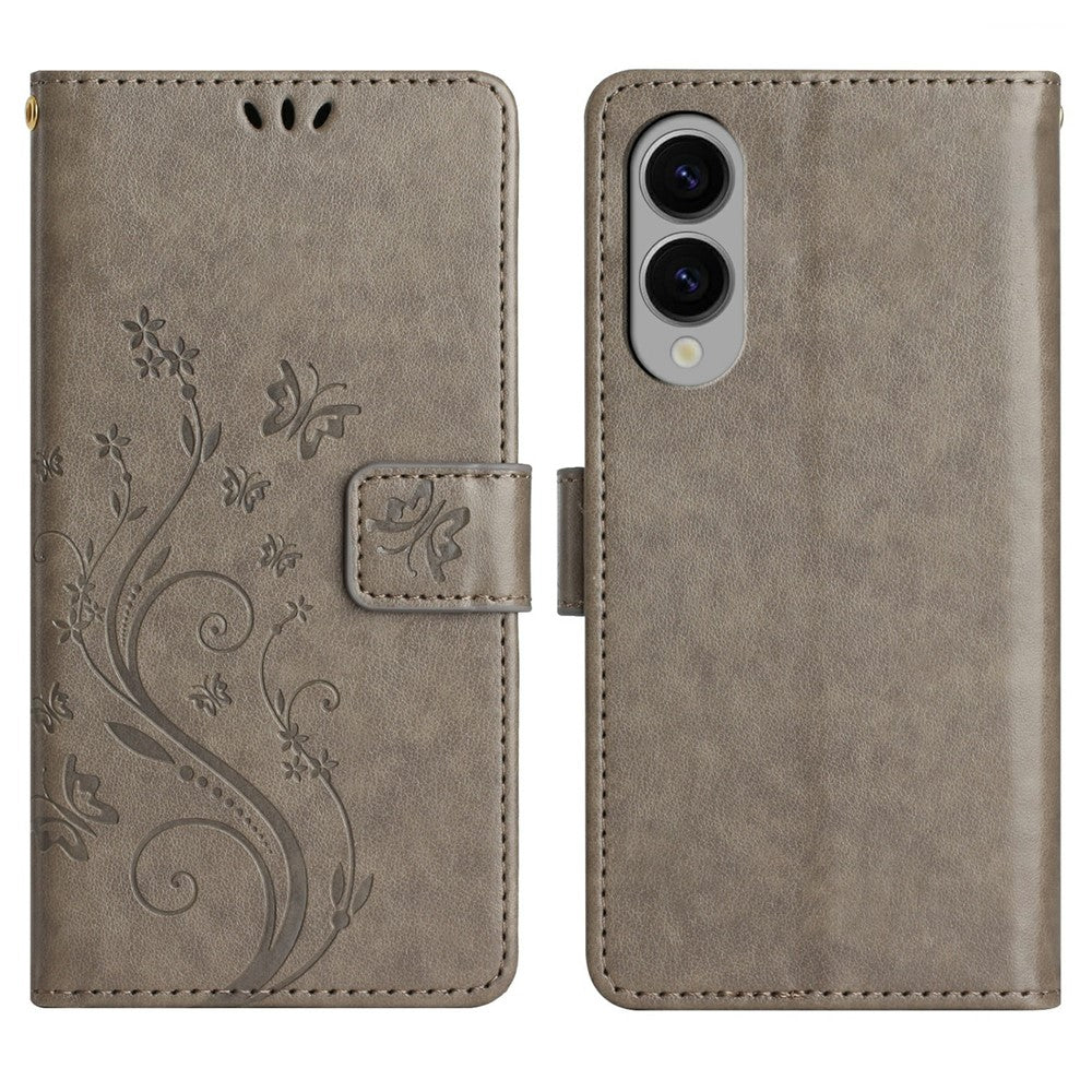 For Samsung Galaxy S25 Edge Leather Wallet Case Butterfly Flower Imprinted Phone Cover with Strap