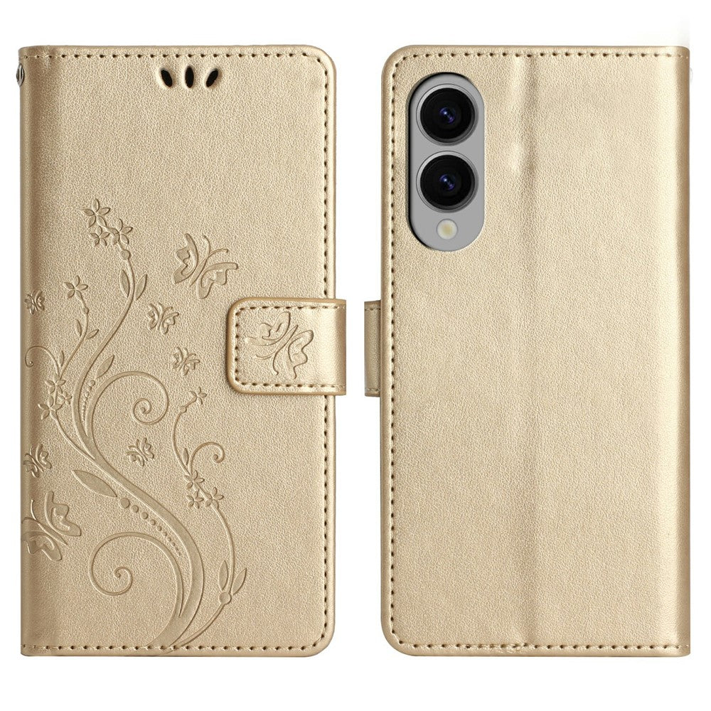 For Samsung Galaxy S25 Edge Leather Wallet Case Butterfly Flower Imprinted Phone Cover with Strap