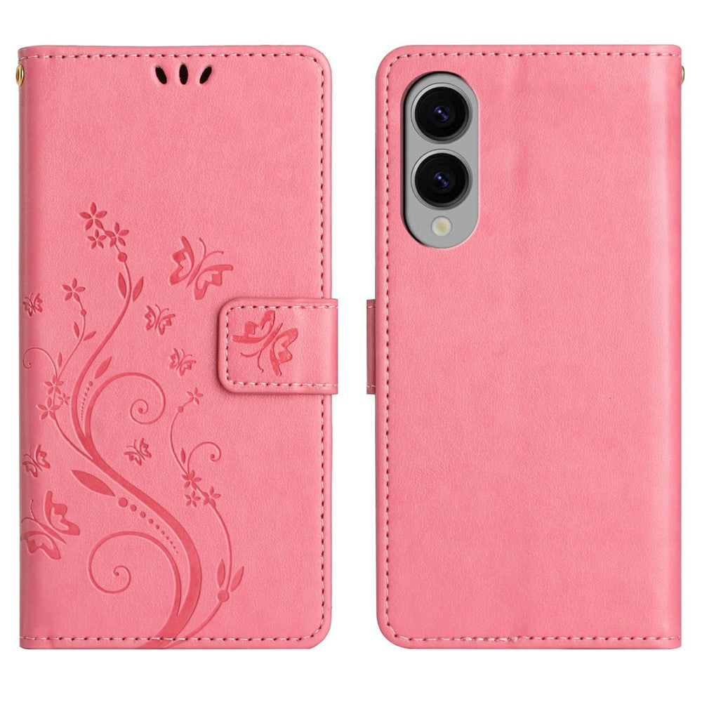 For Samsung Galaxy S25 Edge Leather Wallet Case Butterfly Flower Imprinted Phone Cover with Strap