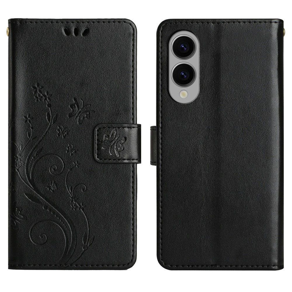 For Samsung Galaxy S25 Edge Leather Wallet Case Butterfly Flower Imprinted Phone Cover with Strap