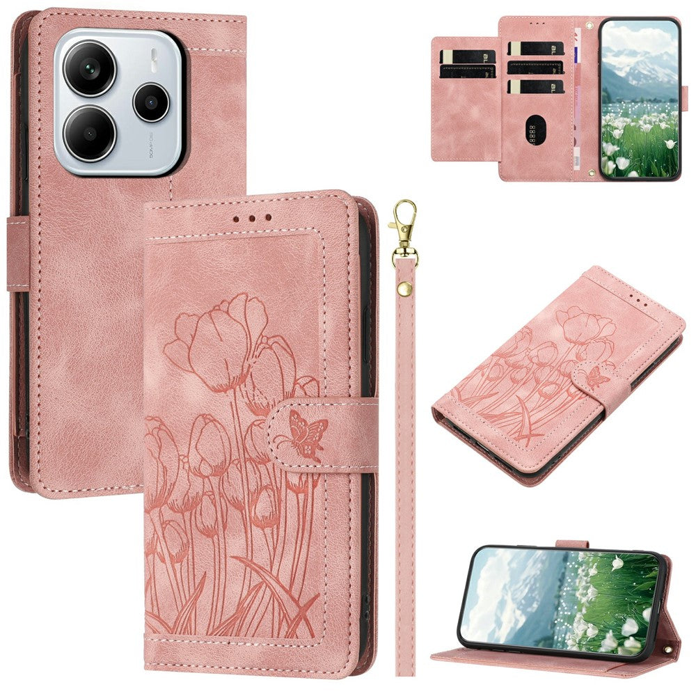 For Xiaomi Redmi Note 14 4G (164.84mm) Case Tulip Leather Phone Cover with 5 Card Slots Wallet