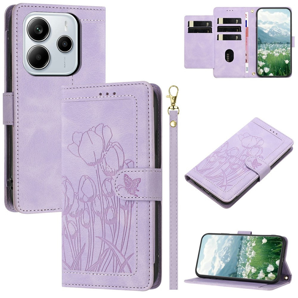 For Xiaomi Redmi Note 14 4G (164.84mm) Case Tulip Leather Phone Cover with 5 Card Slots Wallet