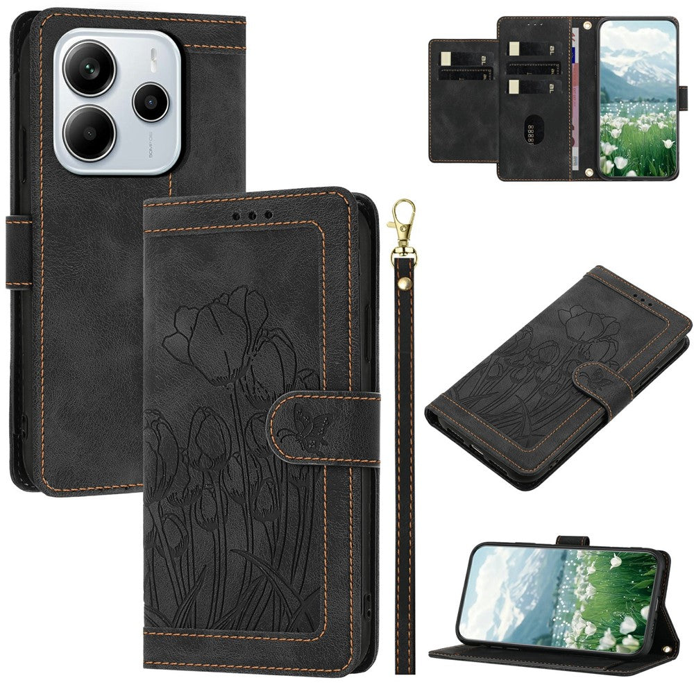 For Xiaomi Redmi Note 14 4G (164.84mm) Case Tulip Leather Phone Cover with 5 Card Slots Wallet
