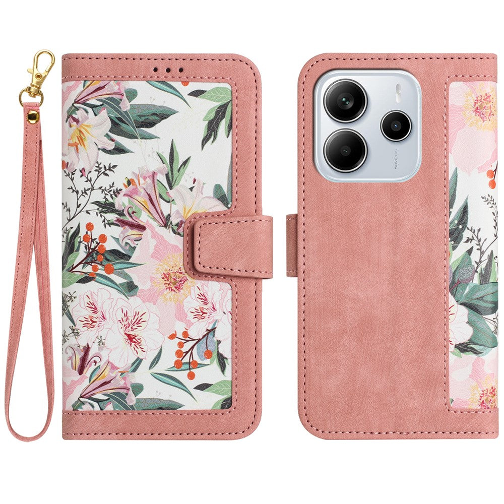 For Xiaomi Redmi Note 14 4G (164.84mm) Case PU Leather Floral Phone Cover with Card Slots / Wrist Strap