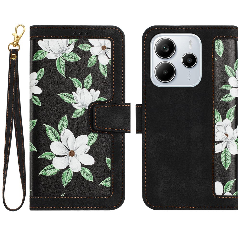 Xiaomi Redmi Note 14 4G (164.84mm) fodral i PU-läder med blommönster och korthållare/handledsrem