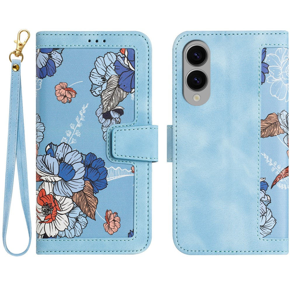 For Samsung Galaxy S25 Edge Case PU Leather Floral Phone Cover with Card Slots / Wrist Strap