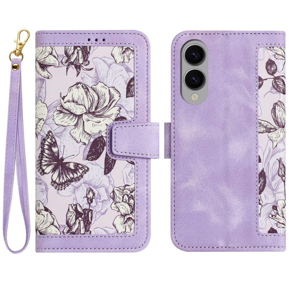 For Samsung Galaxy S25 Edge Case PU Leather Floral Phone Cover with Card Slots / Wrist Strap
