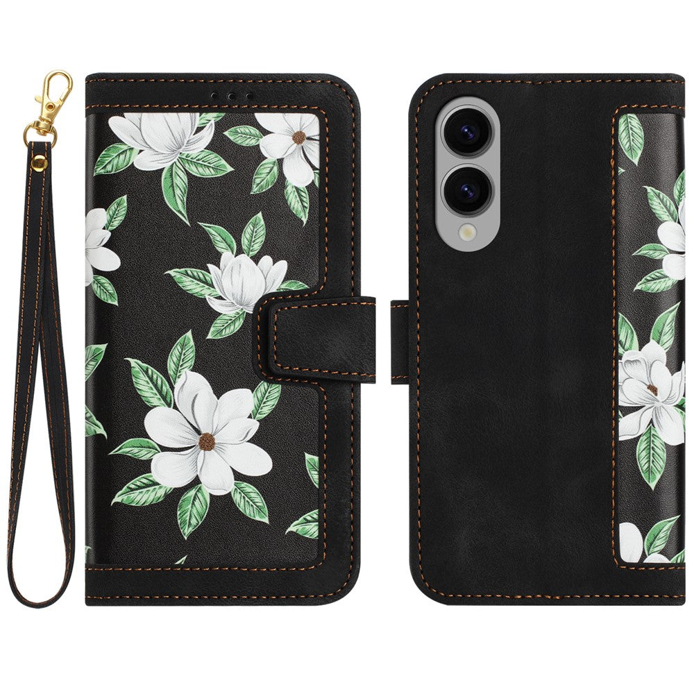 For Samsung Galaxy S25 Edge Case PU Leather Floral Phone Cover with Card Slots / Wrist Strap