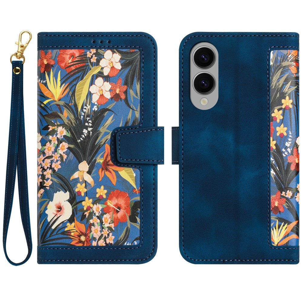 For Samsung Galaxy S25 Edge Case PU Leather Floral Phone Cover with Card Slots / Wrist Strap
