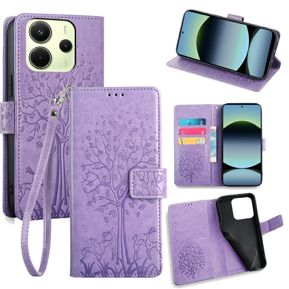 For Xiaomi Redmi Note 14 4G (163.25mm) Case PU Leather Wallet Phone Cover Tree Deer Imprinted