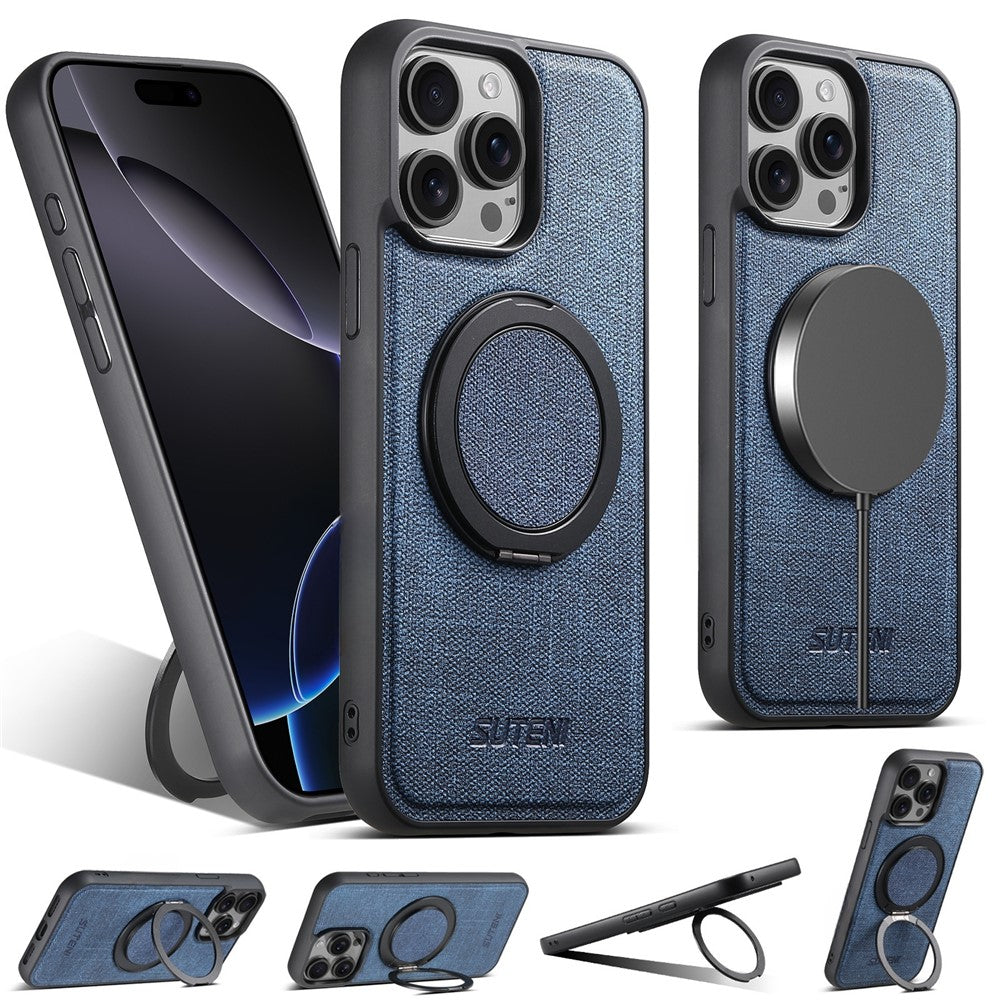 SUTENI G3 For iPhone 14 Pro Magnetic Case Rotating Ring Kickstand Jeans Texture PU TPU Phone Back Cover