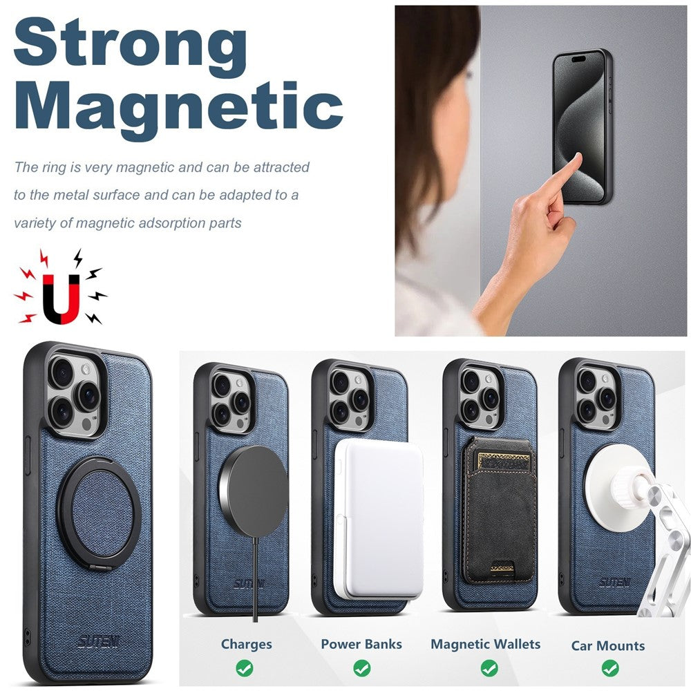 SUTENI G3 For iPhone 14 Pro Magnetic Case Rotating Ring Kickstand Jeans Texture PU TPU Phone Back Cover