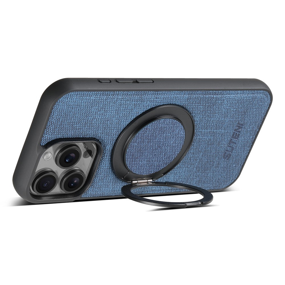 SUTENI G3 For iPhone 14 Pro Magnetic Case Rotating Ring Kickstand Jeans Texture PU TPU Phone Back Cover