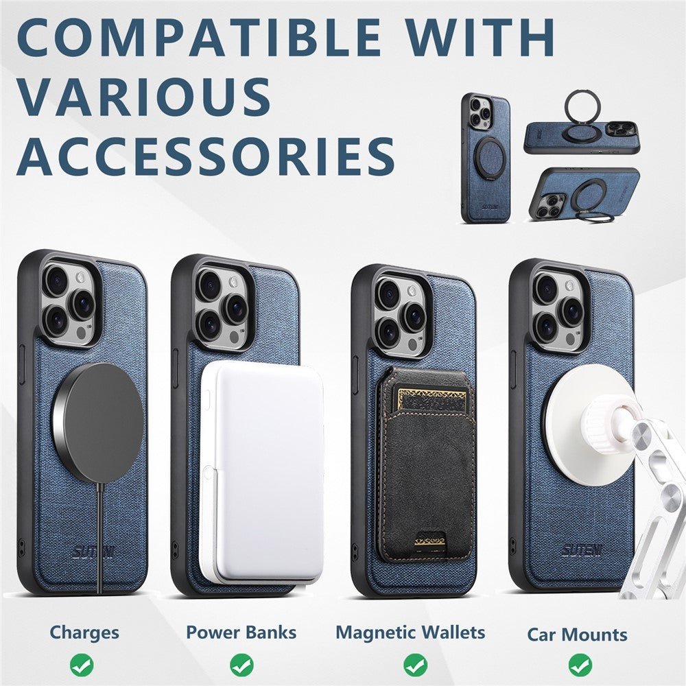 SUTENI G3 For iPhone 14 Pro Magnetic Case Rotating Ring Kickstand Jeans Texture PU TPU Phone Back Cover