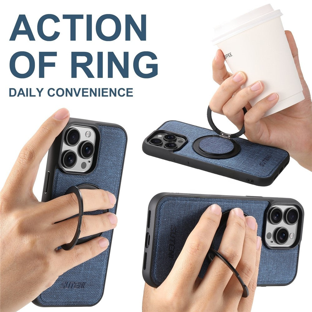 SUTENI G3 For iPhone 14 Pro Magnetic Case Rotating Ring Kickstand Jeans Texture PU TPU Phone Back Cover