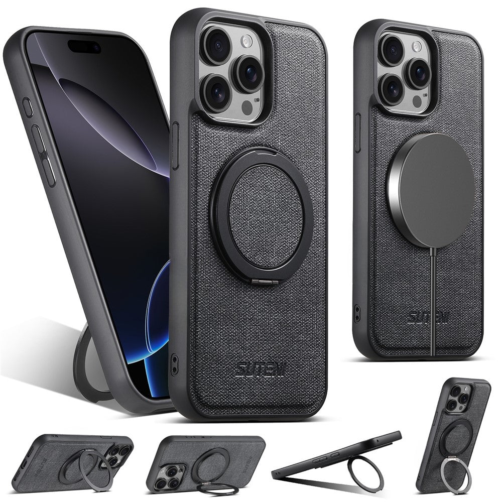 SUTENI G3 Til iPhone 15 Pro Max Magnetisk Cover Drejelig Ring Kickstand Jeans Tekstur PU TPU Telefon Bagcover