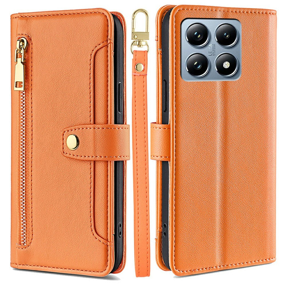 For Xiaomi 14T Pro Leather Case Zipper Pocket Wallet Phone Cover with 2 Straps