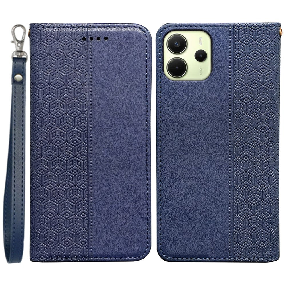 For Xiaomi Redmi Note 14 4G (164.84mm) Wallet Phone Case Checkered Pattern Imprint Leather Flip Cover with Wrist Strap