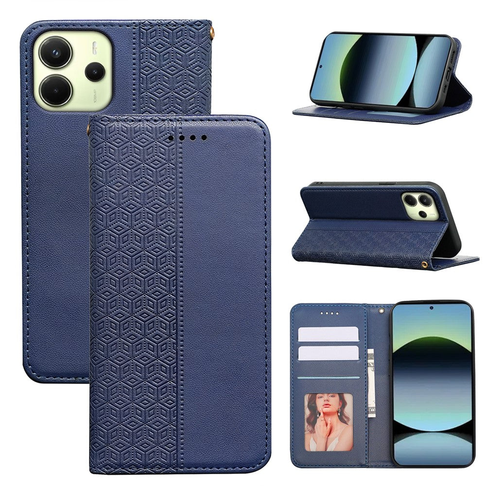 For Xiaomi Redmi Note 14 4G (164.84mm) Wallet Phone Case Checkered Pattern Imprint Leather Flip Cover with Wrist Strap