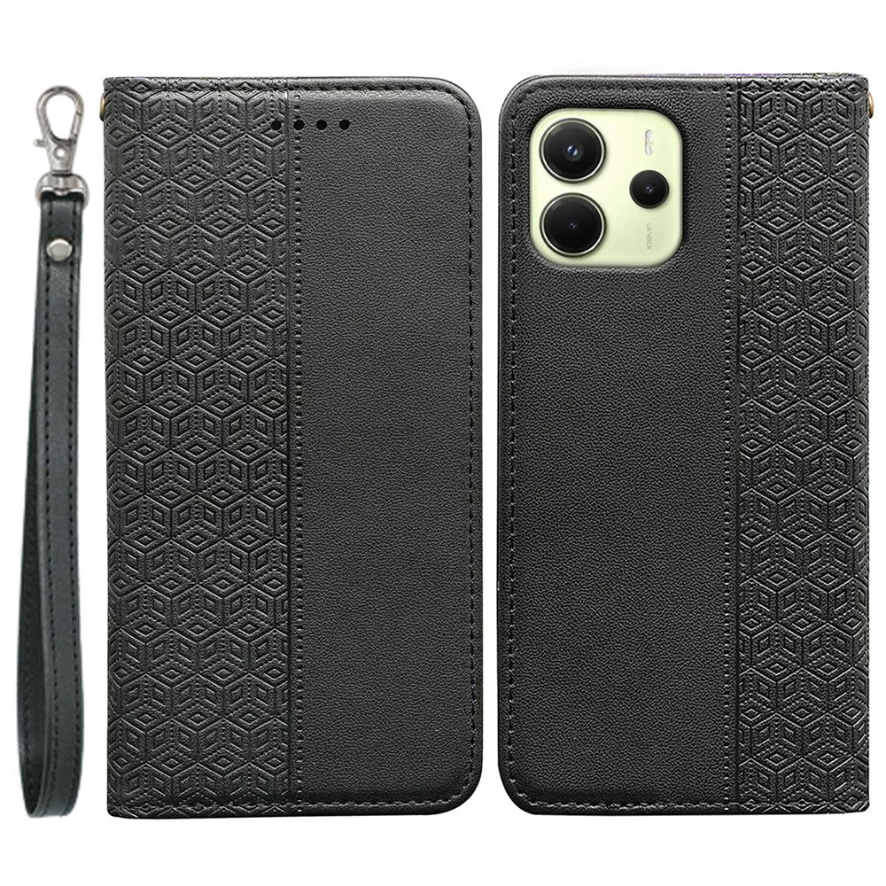 For Xiaomi Redmi Note 14 4G (164.84mm) Wallet Phone Case Checkered Pattern Imprint Leather Flip Cover with Wrist Strap