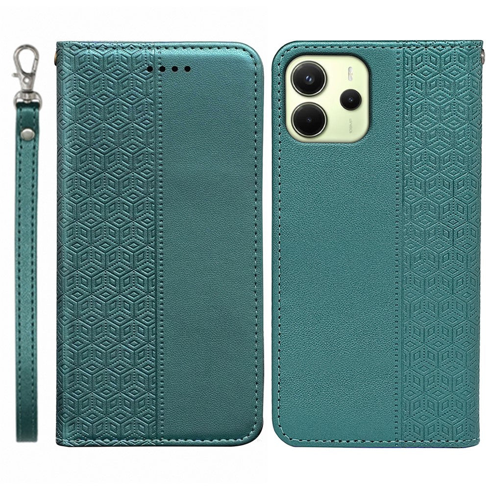 For Xiaomi Redmi Note 14 4G (164.84mm) Wallet Phone Case Checkered Pattern Imprint Leather Flip Cover with Wrist Strap