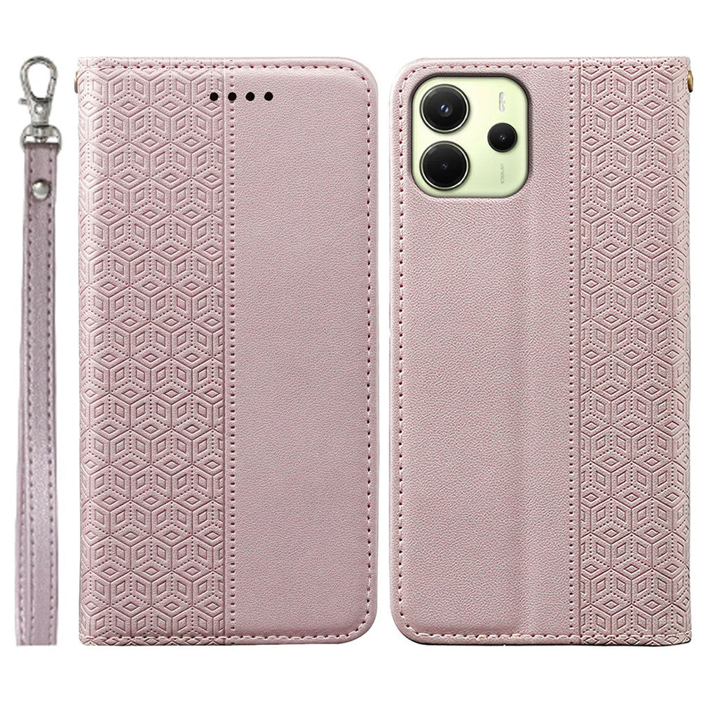 For Xiaomi Redmi Note 14 4G (164.84mm) Wallet Phone Case Checkered Pattern Imprint Leather Flip Cover with Wrist Strap
