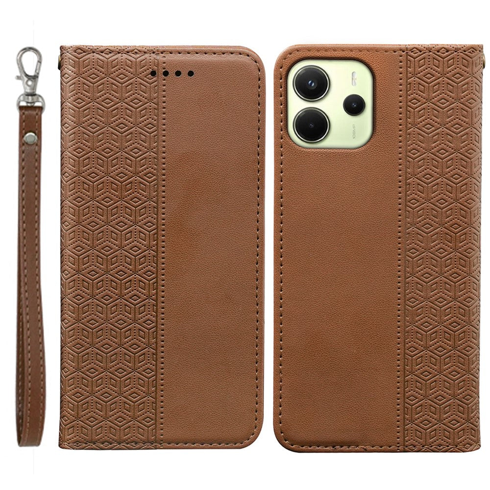 For Xiaomi Redmi Note 14 4G (164.84mm) Wallet Phone Case Checkered Pattern Imprint Leather Flip Cover with Wrist Strap