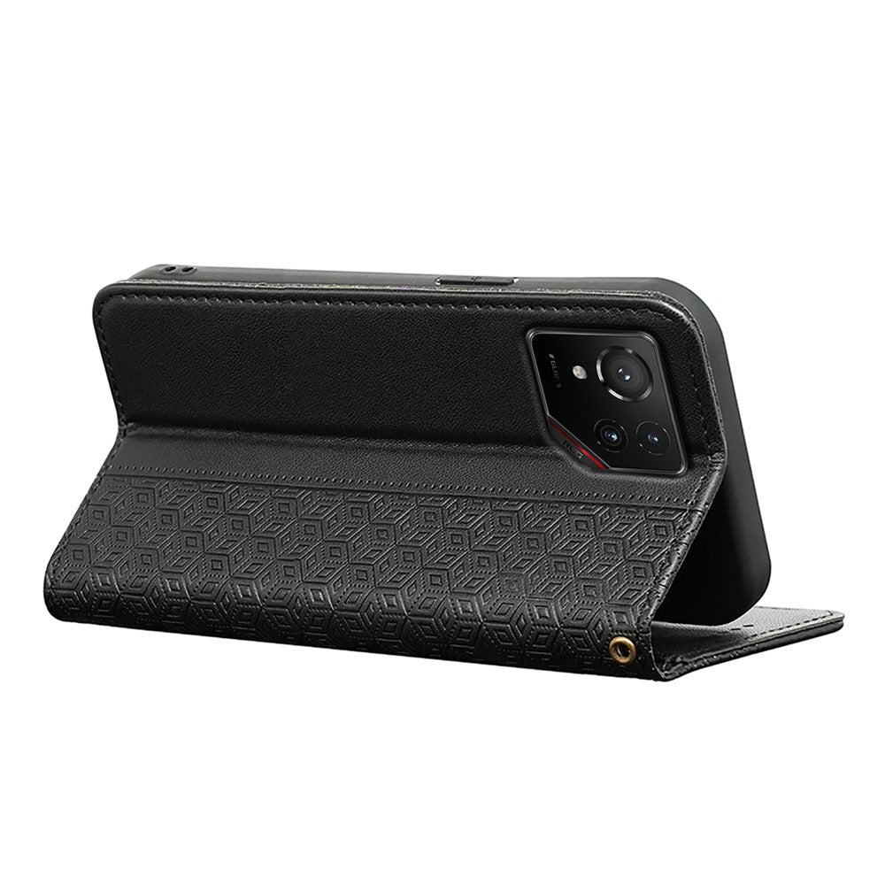 For Asus ROG Phone 9 5G Wallet Phone Case Checkered Pattern Imprint Leather Flip Cover with Wrist Strap