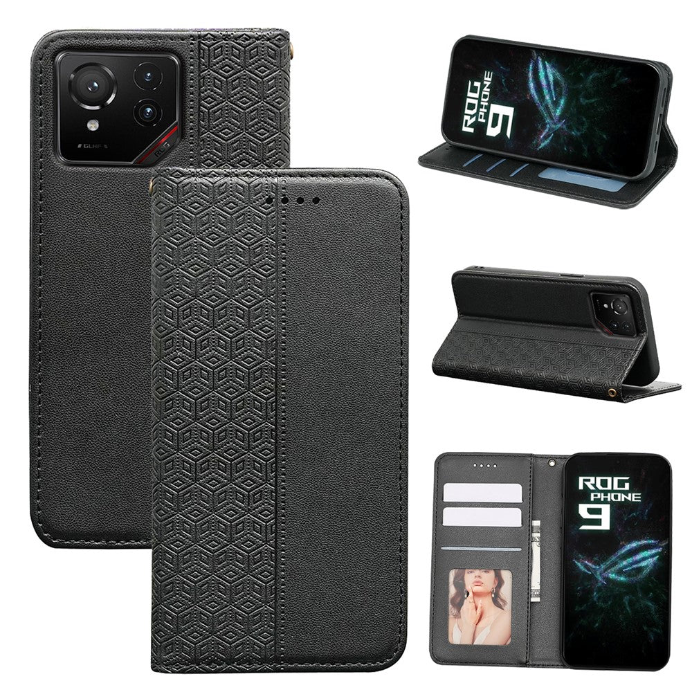 For Asus ROG Phone 9 5G Wallet Phone Case Checkered Pattern Imprint Leather Flip Cover with Wrist Strap