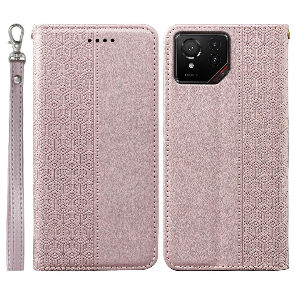 For Asus ROG Phone 9 5G Wallet Phone Case Checkered Pattern Imprint Leather Flip Cover with Wrist Strap