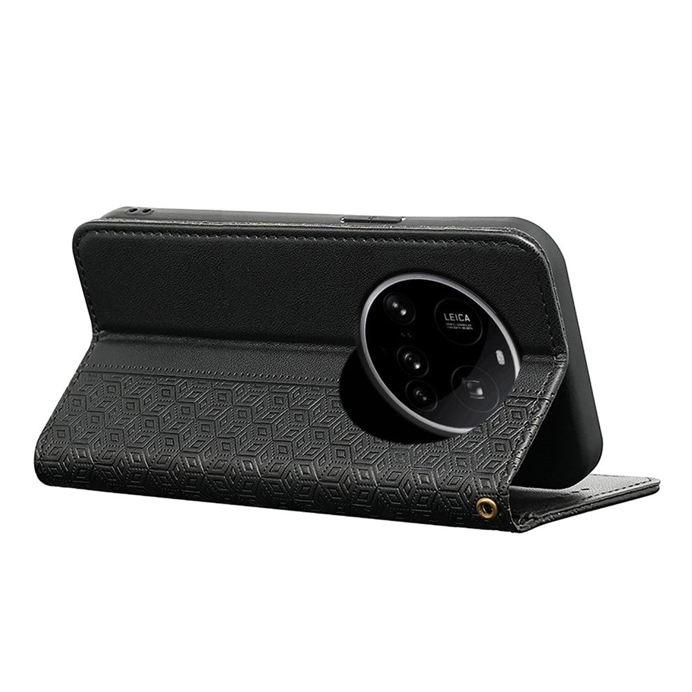 For Xiaomi 15 Ultra Wallet Phone Case Checkered Pattern Imprint Leather Flip Cover with Wrist Strap