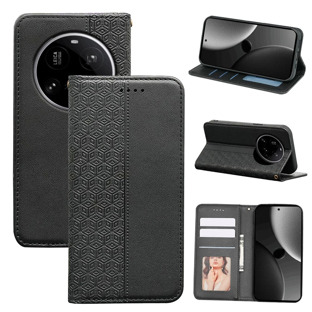 For Xiaomi 15 Ultra Wallet Phone Case Checkered Pattern Imprint Leather Flip Cover with Wrist Strap