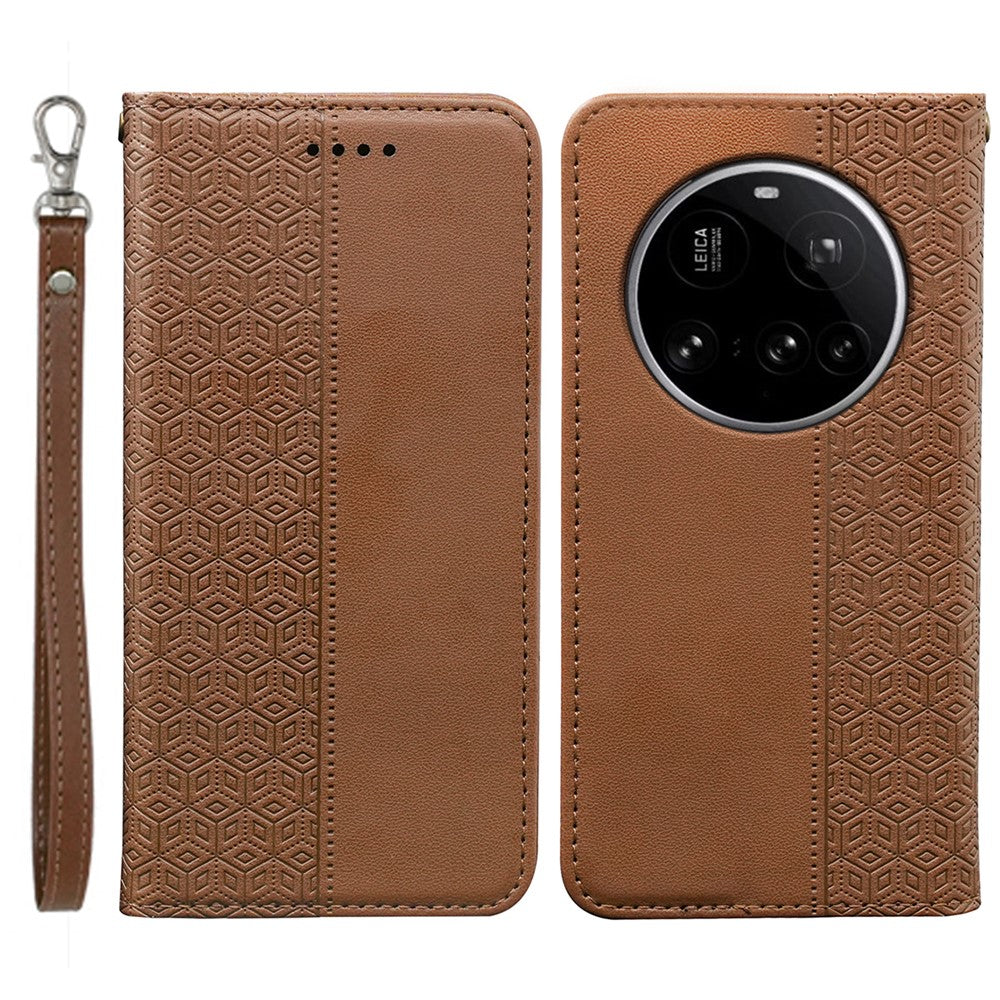 For Xiaomi 15 Ultra Wallet Phone Case Checkered Pattern Imprint Leather Flip Cover with Wrist Strap