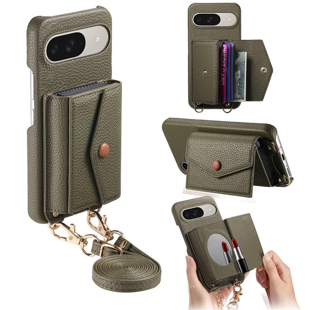 For Google Pixel 10 Pro / 10 / 9 Pro / 9 Case Card Holder Kickstand PU Leather + PC Phone Cover with Mirror and Crossbody Lanyard