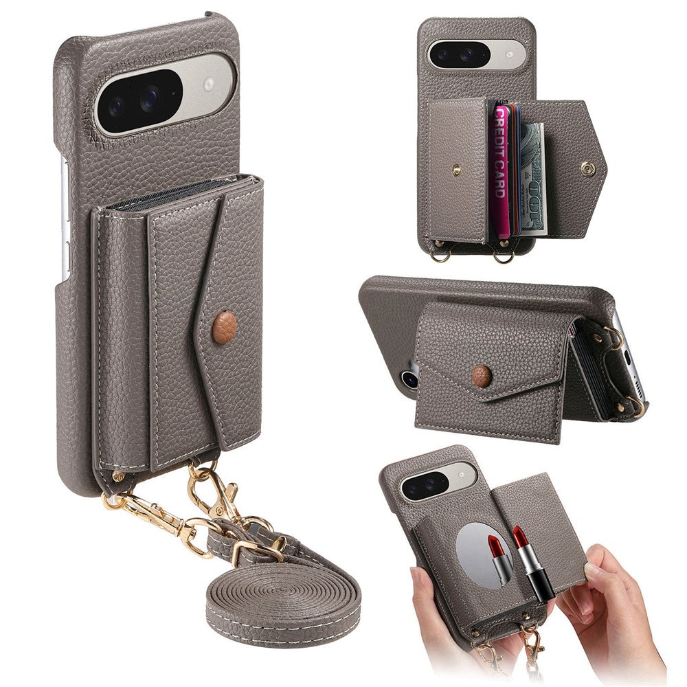 For Google Pixel 10 Pro / 10 / 9 Pro / 9 Case Card Holder Kickstand PU Leather + PC Phone Cover with Mirror and Crossbody Lanyard