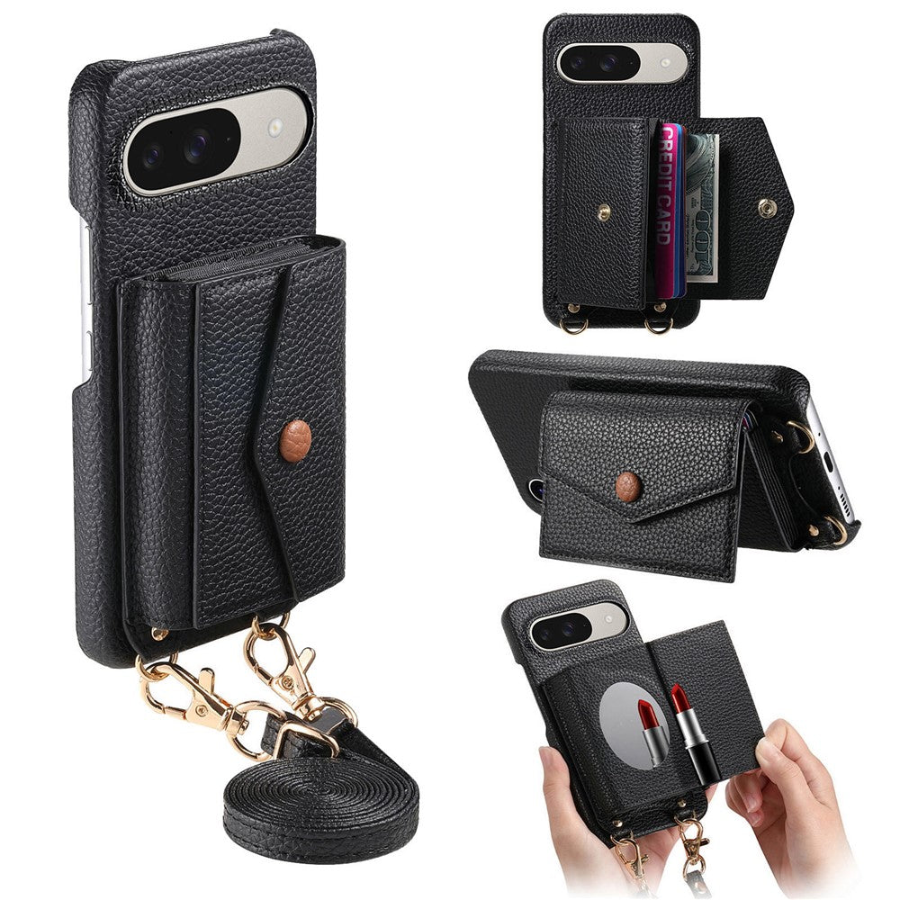 For Google Pixel 10 Pro / 10 / 9 Pro / 9 Case Card Holder Kickstand PU Leather + PC Phone Cover with Mirror and Crossbody Lanyard
