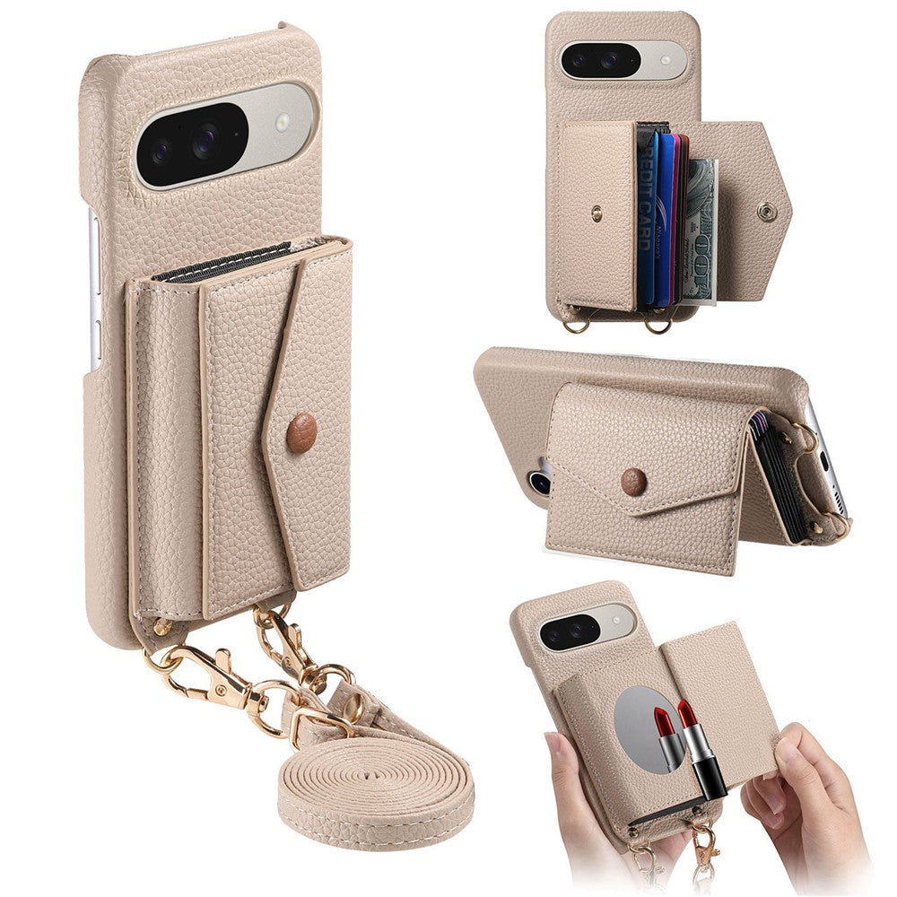 For Google Pixel 10 Pro / 10 / 9 Pro / 9 Case Card Holder Kickstand PU Leather + PC Phone Cover with Mirror and Crossbody Lanyard