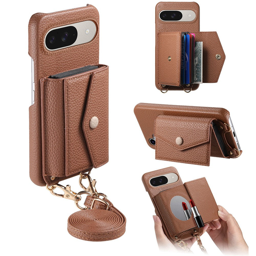 For Google Pixel 10 Pro / 10 / 9 Pro / 9 Case Card Holder Kickstand PU Leather + PC Phone Cover with Mirror and Crossbody Lanyard