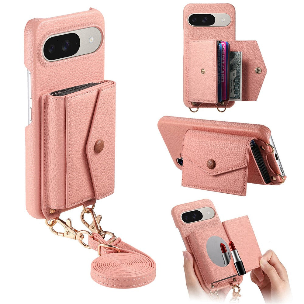 For Google Pixel 10 Pro / 10 / 9 Pro / 9 Case Card Holder Kickstand PU Leather + PC Phone Cover with Mirror and Crossbody Lanyard