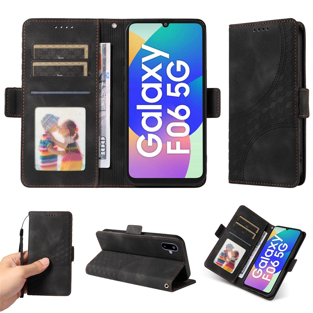 For Samsung Galaxy F06 5G Leather Cases Wallet Rhombus Imprinted Phone Cover Stand with Strap