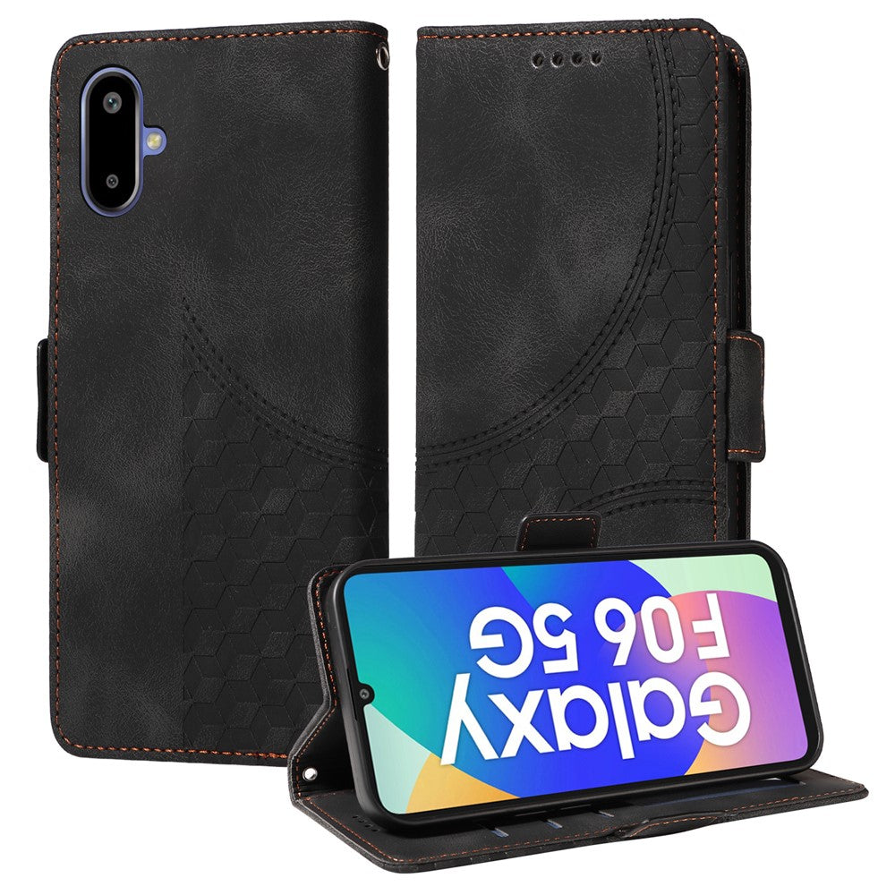 For Samsung Galaxy F06 5G Leather Cases Wallet Rhombus Imprinted Phone Cover Stand with Strap