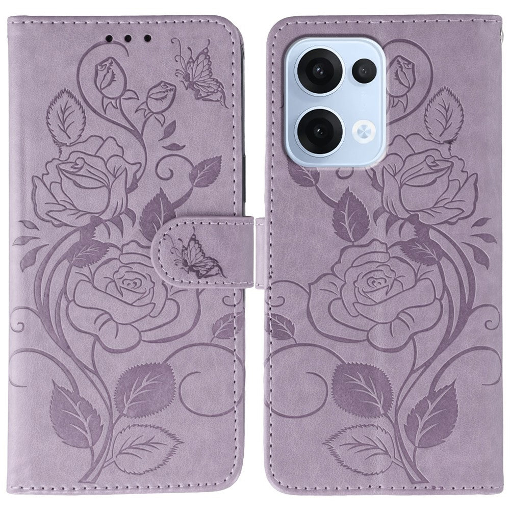 For Oppo Reno13 5G (Global) Case Wallet Stand Imprinted Rose Butterfly PU Leather Phone Cover