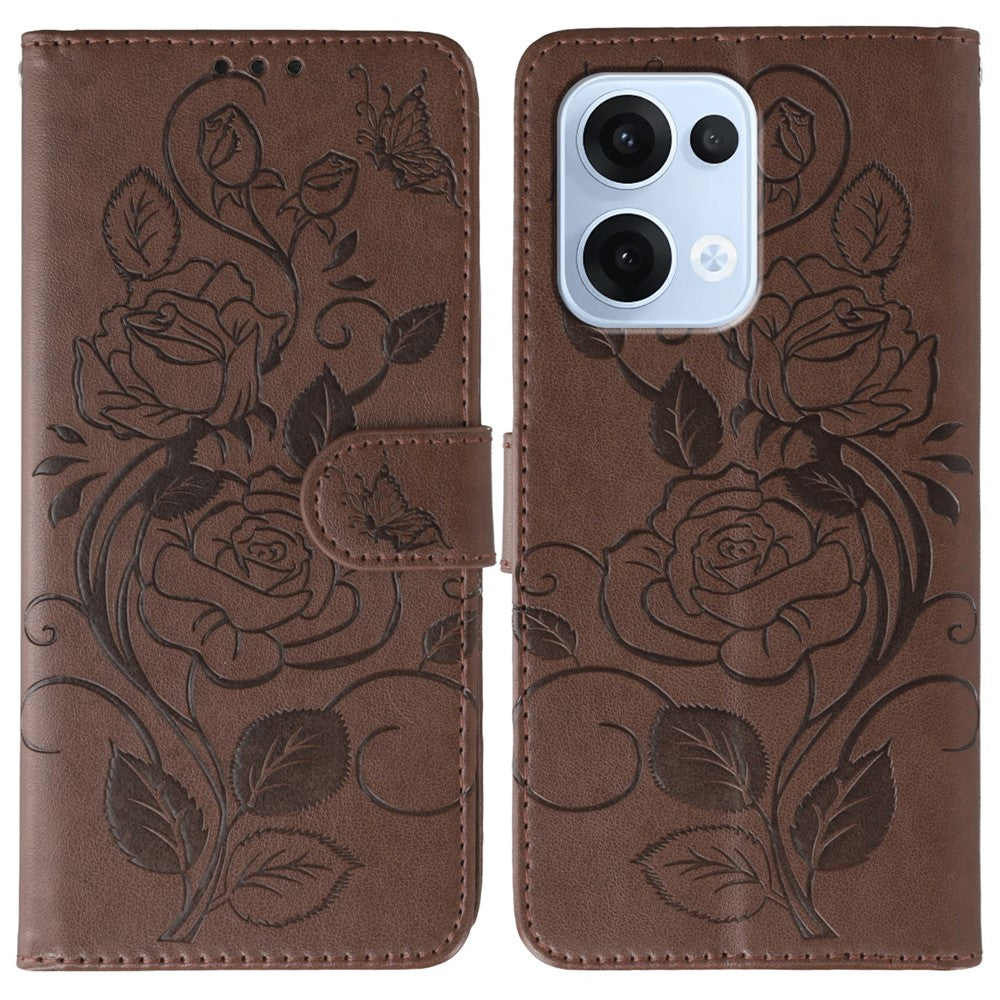 For Oppo Reno13 5G (Global) Case Wallet Stand Imprinted Rose Butterfly PU Leather Phone Cover