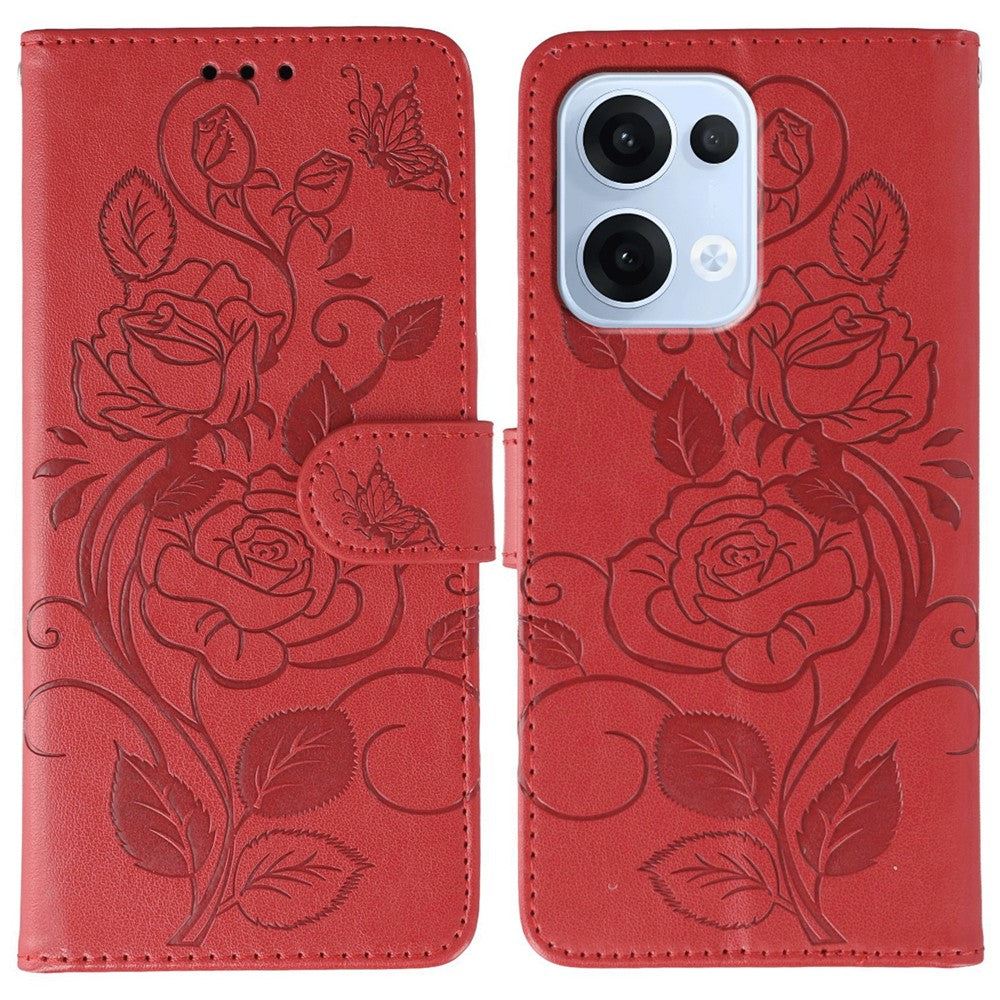 For Oppo Reno13 5G (Global) Case Wallet Stand Imprinted Rose Butterfly PU Leather Phone Cover