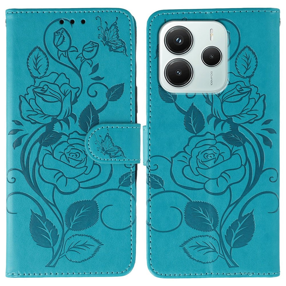 Xiaomi Redmi Note 14 4G (163.25mm) PU-læderpungcover med trykt rosen-sommerfugl