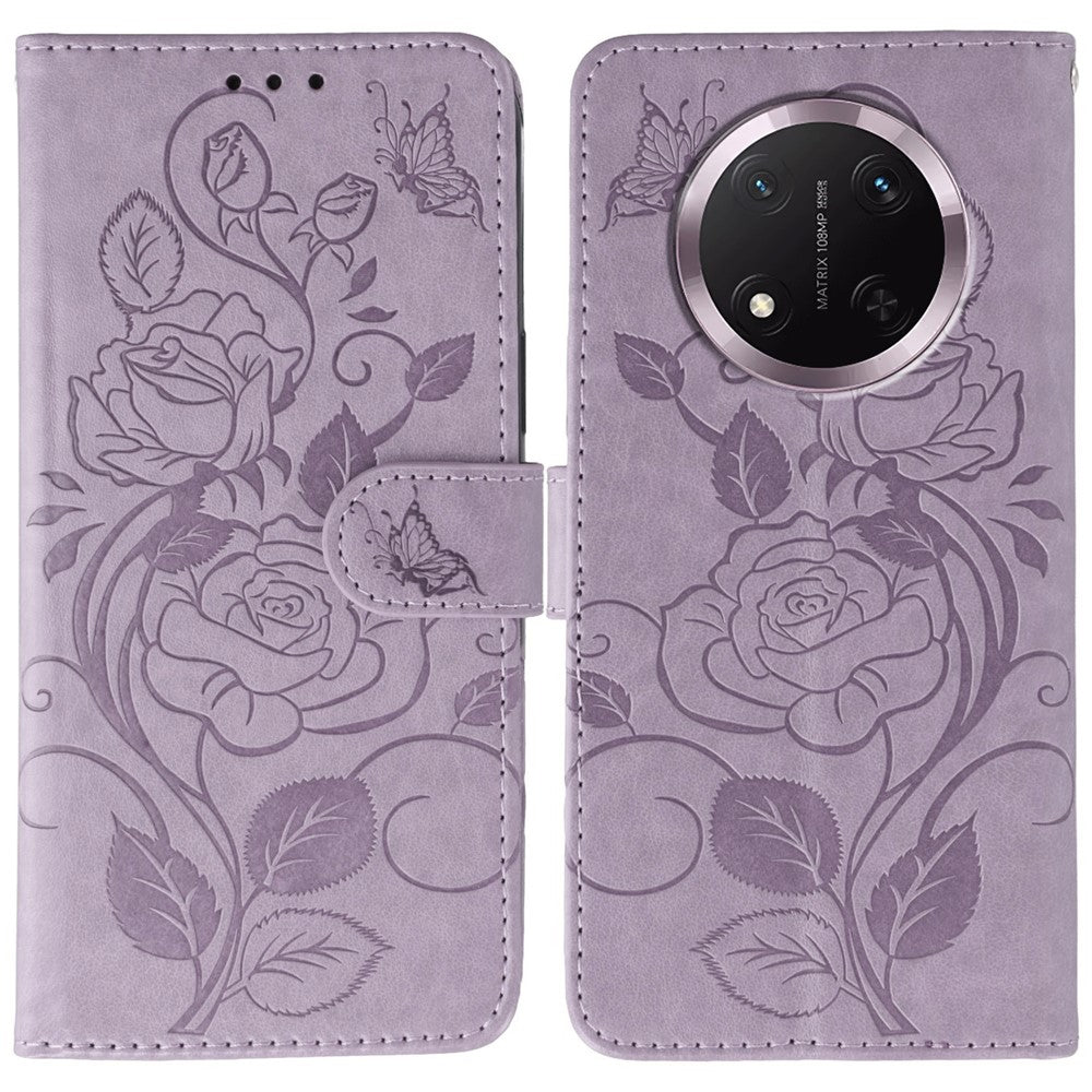 Phone Case For Honor Magic7 Lite 5G / X60 Pro 5G / X9c 5G Wallet Stand Imprinted Rose Butterfly PU Leather Cover