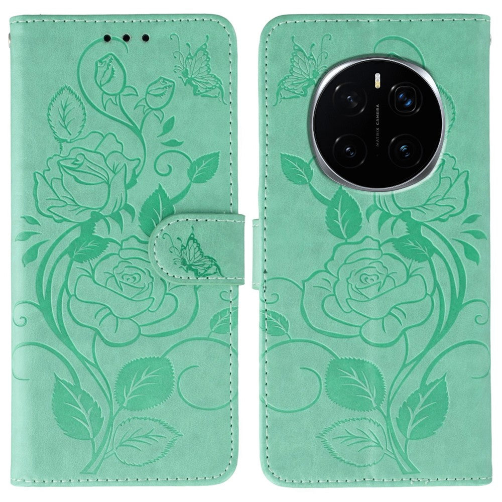 For Honor Magic7 Pro 5G Case Wallet Stand Imprinted Rose Butterfly PU Leather Phone Cover
